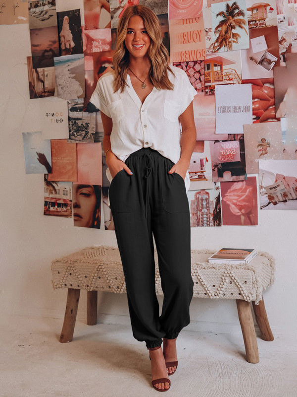 Solid Color Cotton Linen Drawstring Waist Casual Pants