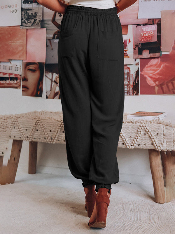 Solid Color Cotton Linen Drawstring Waist Casual Pants