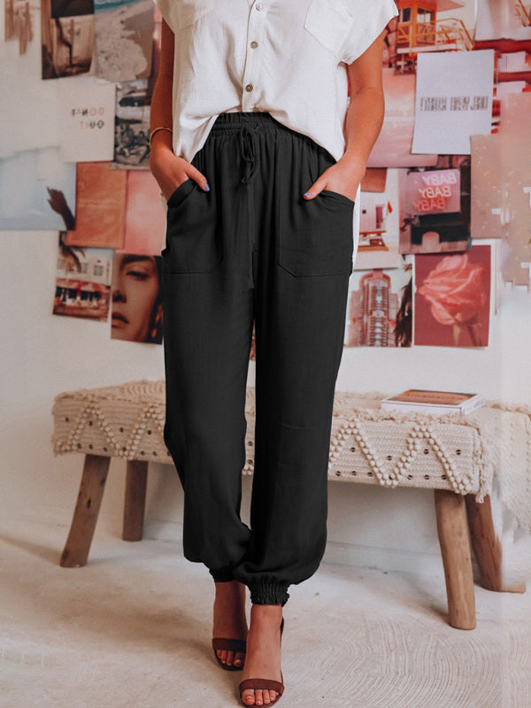 Solid Color Cotton Linen Drawstring Waist Casual Pants