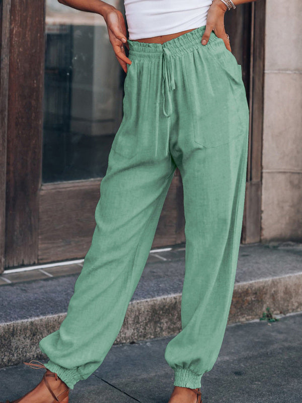 Solid Color Cotton Linen Drawstring Waist Casual Pants