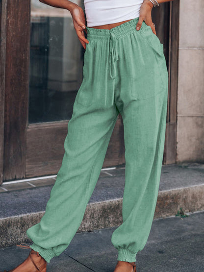 Solid Color Cotton Linen Drawstring Waist Casual Pants