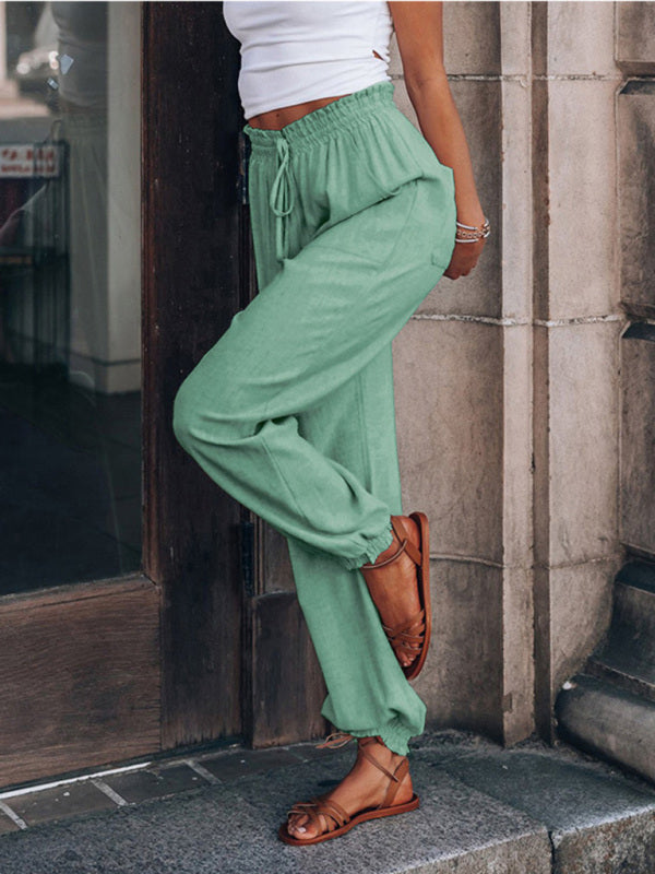 Solid Color Cotton Linen Drawstring Waist Casual Pants