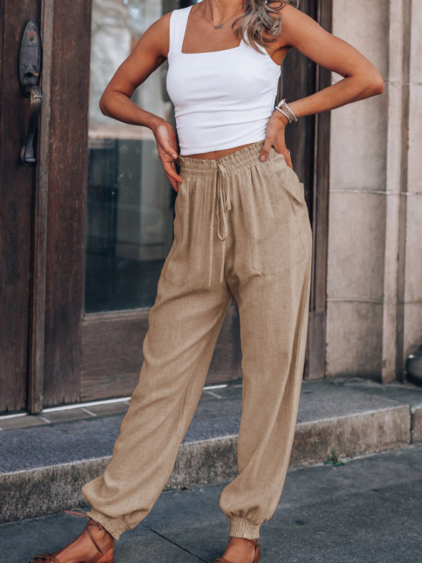 Solid Color Cotton Linen Drawstring Waist Casual Pants