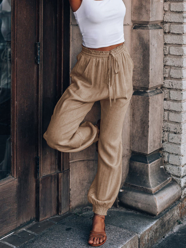 Solid Color Cotton Linen Drawstring Waist Casual Pants