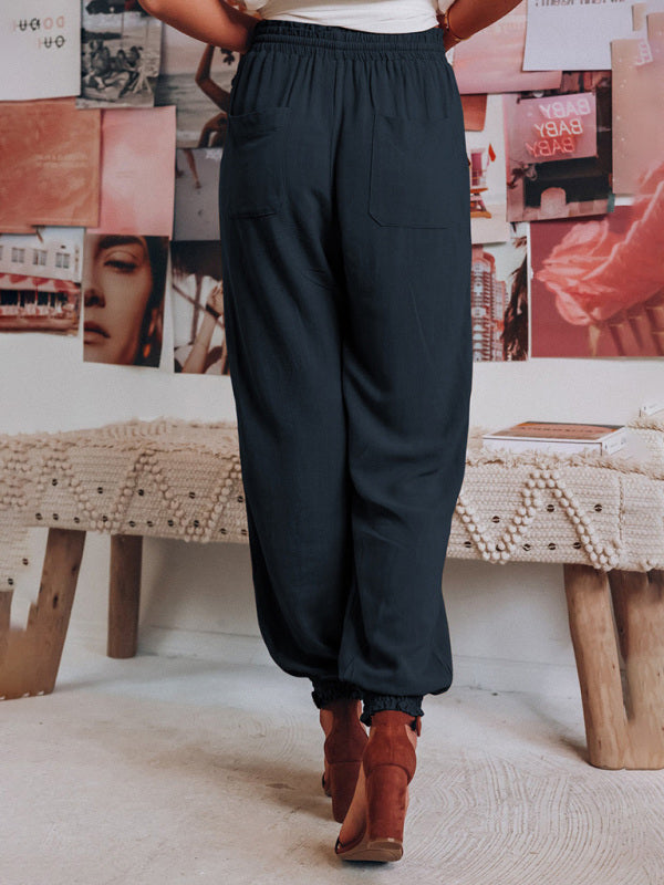 Solid Color Cotton Linen Drawstring Waist Casual Pants