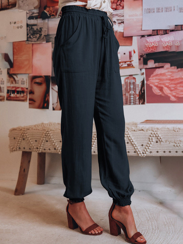 Solid Color Cotton Linen Drawstring Waist Casual Pants