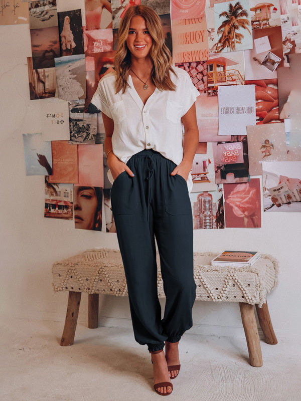 Solid Color Cotton Linen Drawstring Waist Casual Pants