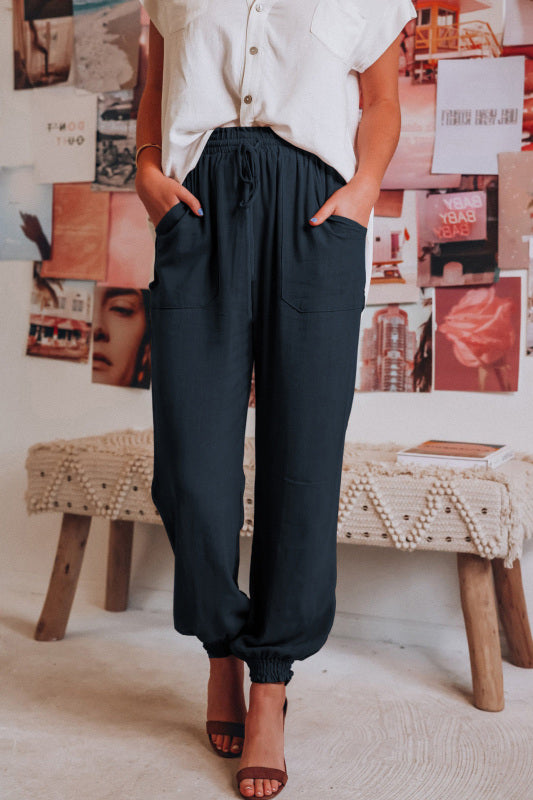 Solid Color Cotton Linen Drawstring Waist Casual Pants