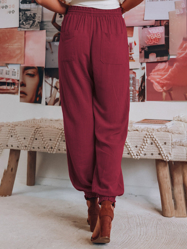 Solid Color Cotton Linen Drawstring Waist Casual Pants