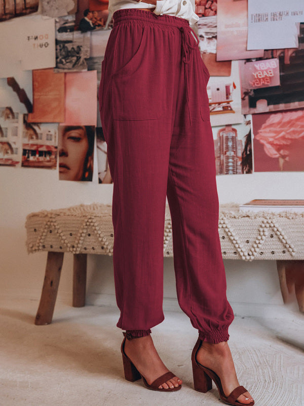 Solid Color Cotton Linen Drawstring Waist Casual Pants