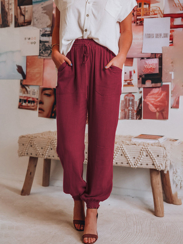 Solid Color Cotton Linen Drawstring Waist Casual Pants