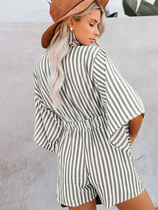 Nautical Striped Bowtie V-Neck Trumpet Sleeve Romper