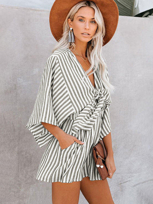Nautical Striped Bowtie V-Neck Trumpet Sleeve Romper