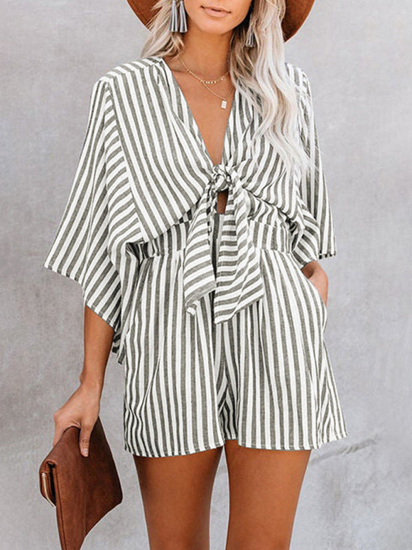 Nautical Striped Bowtie V-Neck Trumpet Sleeve Romper