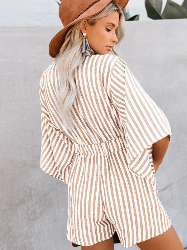 Nautical Striped Bowtie V-Neck Trumpet Sleeve Romper
