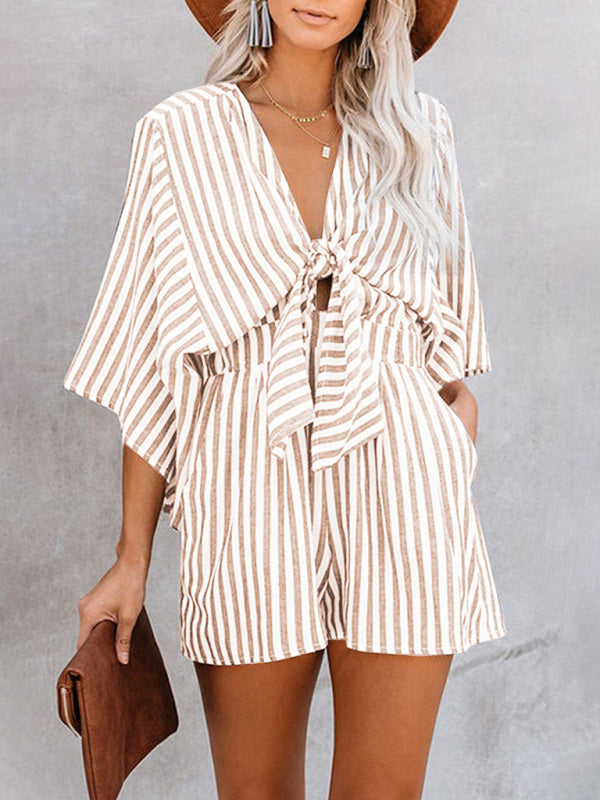 Nautical Striped Bowtie V-Neck Trumpet Sleeve Romper