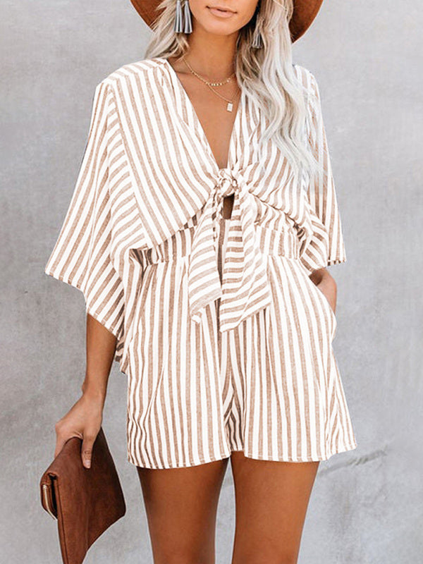 Nautical Striped Bowtie V-Neck Trumpet Sleeve Romper