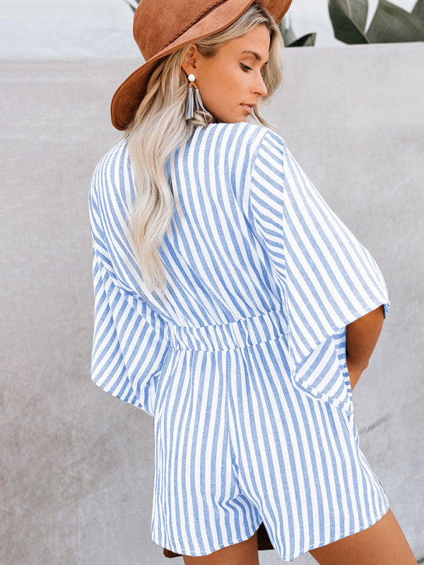 Nautical Striped Bowtie V-Neck Trumpet Sleeve Romper