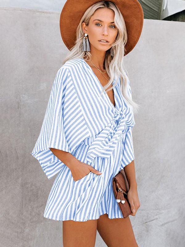 Nautical Striped Bowtie V-Neck Trumpet Sleeve Romper