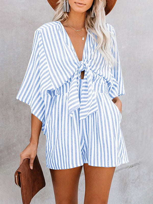 Nautical Striped Bowtie V-Neck Trumpet Sleeve Romper