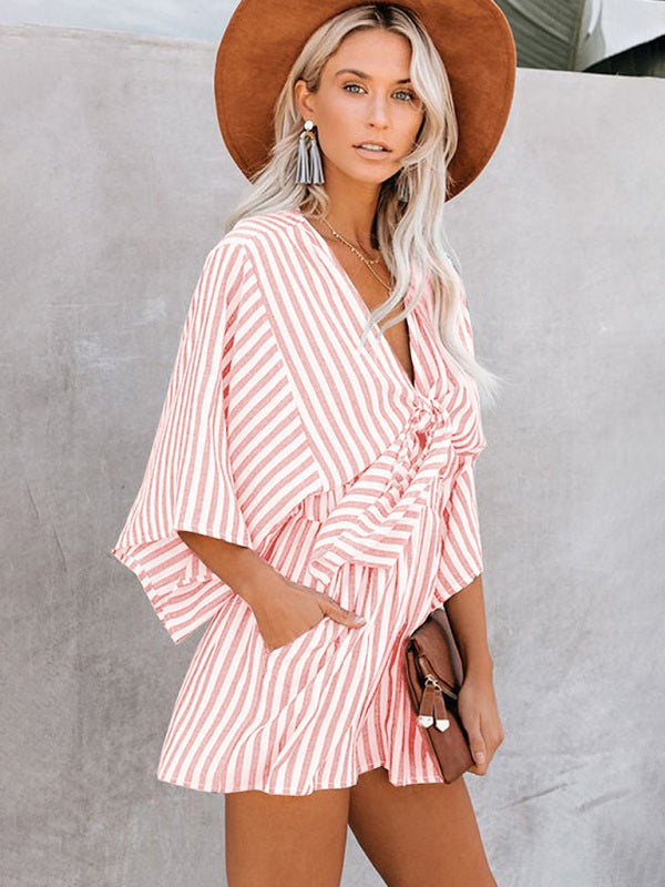 Nautical Striped Bowtie V-Neck Trumpet Sleeve Romper