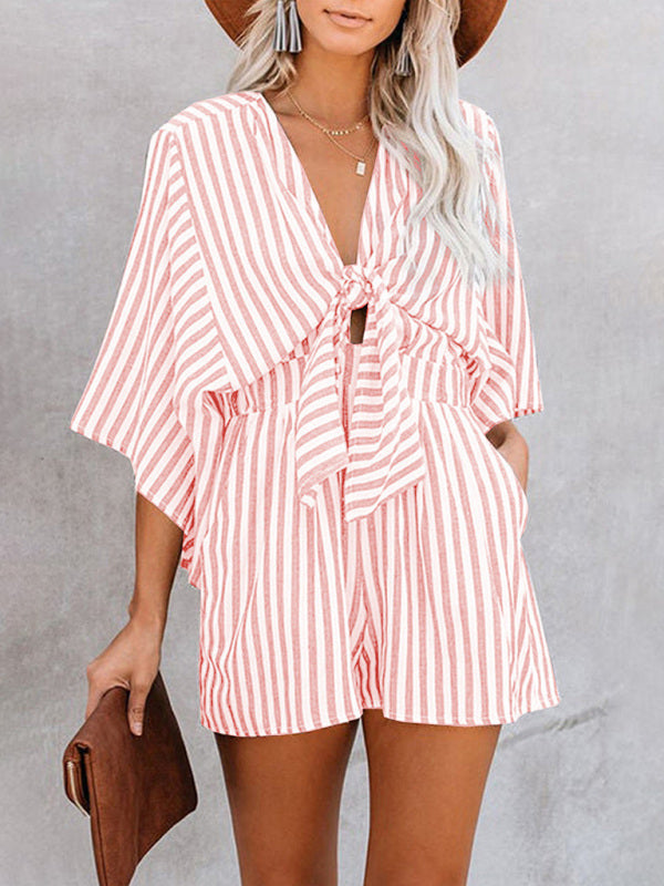 Nautical Striped Bowtie V-Neck Trumpet Sleeve Romper