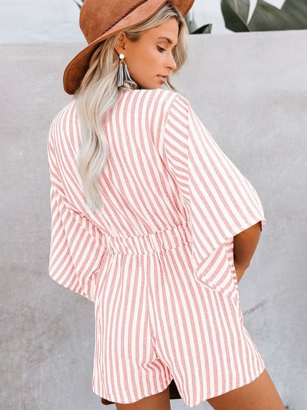 Nautical Striped Bowtie V-Neck Trumpet Sleeve Romper