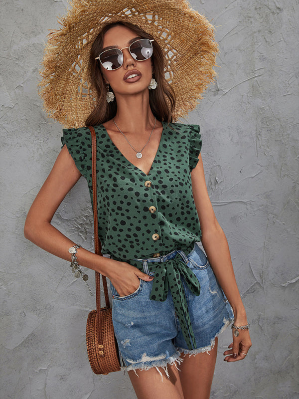 Bohemian Green Polka Dot Print V-Neck Top