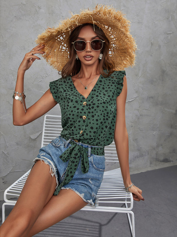 Bohemian Green Polka Dot Print V-Neck Top