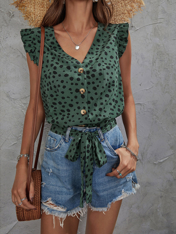 Bohemian Green Polka Dot Print V-Neck Top