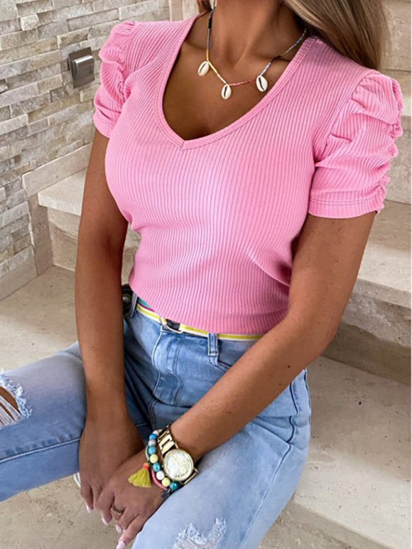 Ribbed Knit V-Neck Ruff Sleeves Top