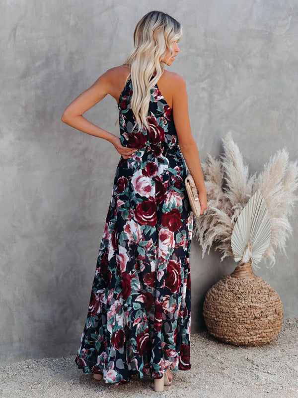 Floral Rose Print Halter Swing Beach Maxi Dress