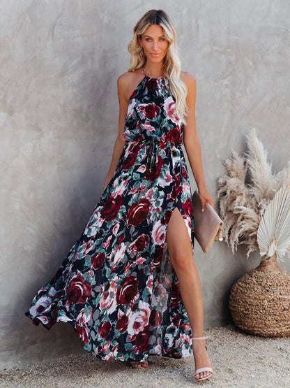 Floral Rose Print Halter Swing Beach Maxi Dress