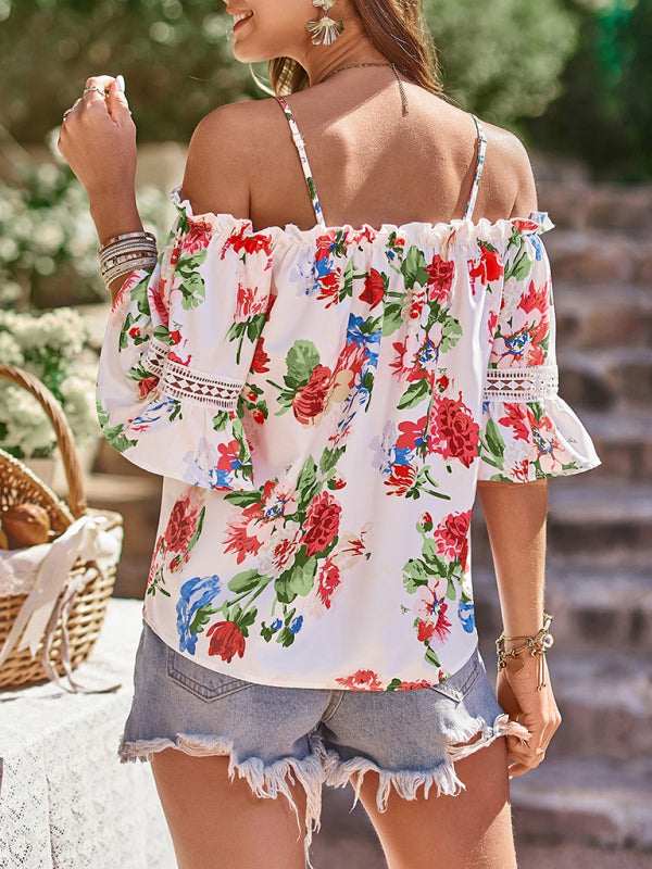Floral Print Off the Shoulder Short Sleeve Lace Inset Top