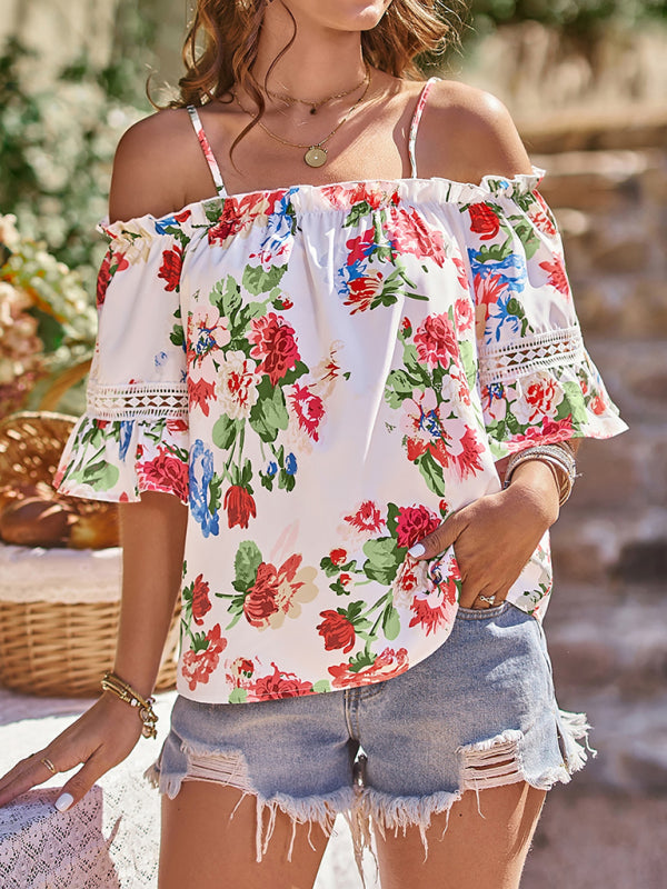 Floral Print Off the Shoulder Short Sleeve Lace Inset Top