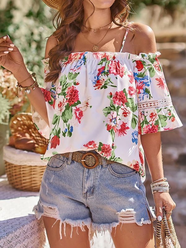 Floral Print Off the Shoulder Short Sleeve Lace Inset Top