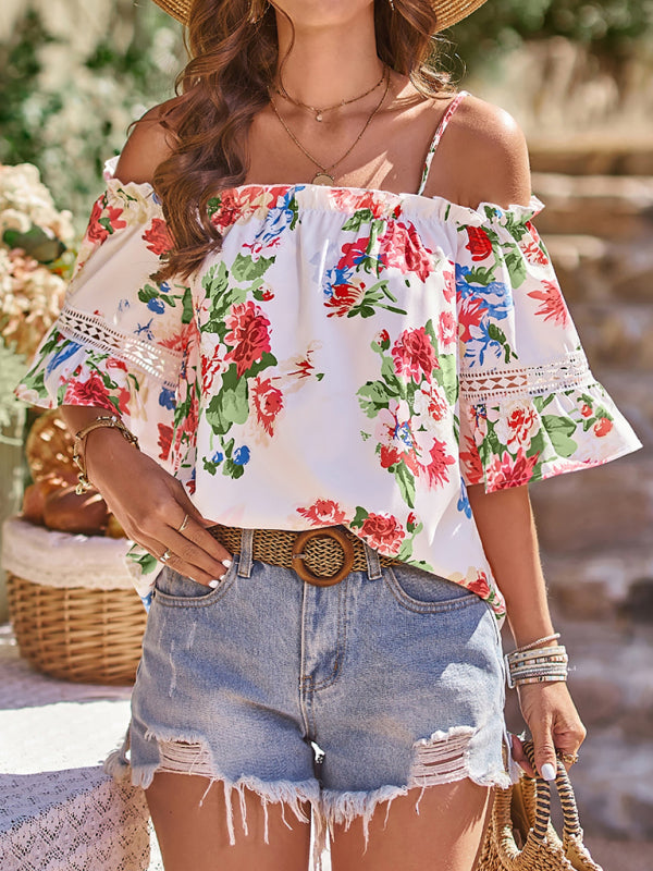 Floral Print Off the Shoulder Short Sleeve Lace Inset Top