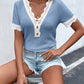 Sexy Waffle Knit Contrasting Lace Stitching V-neck Short Sleeve Top