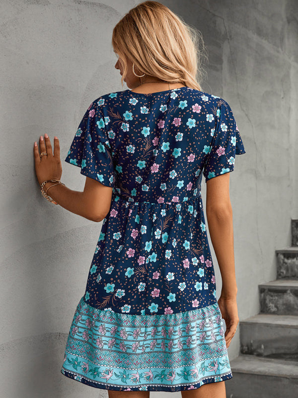Bohemian Flower Pattern Loose Short Sleeve Dress