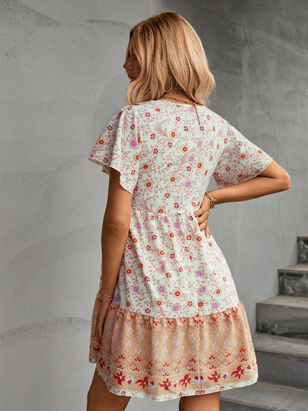 Bohemian Flower Pattern Loose Short Sleeve Dress
