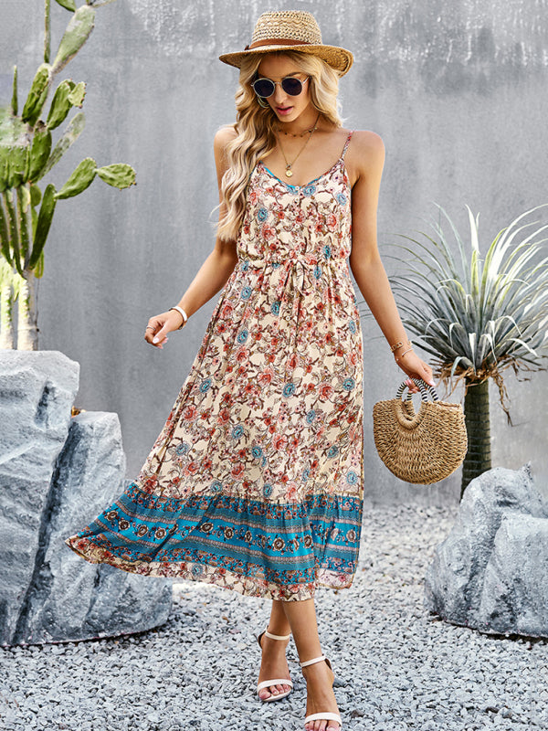Bohemian Floral Print V-Neck Button Midi Dress