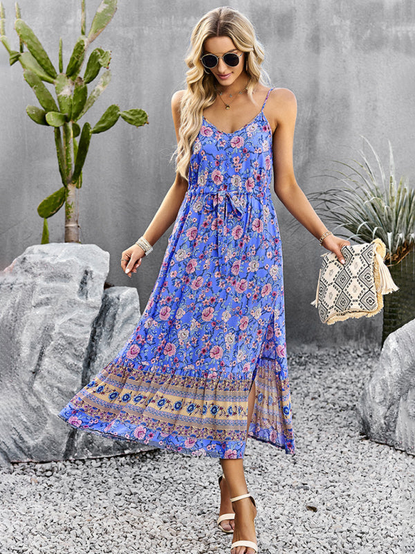 Bohemian Floral Print V-Neck Button Midi Dress