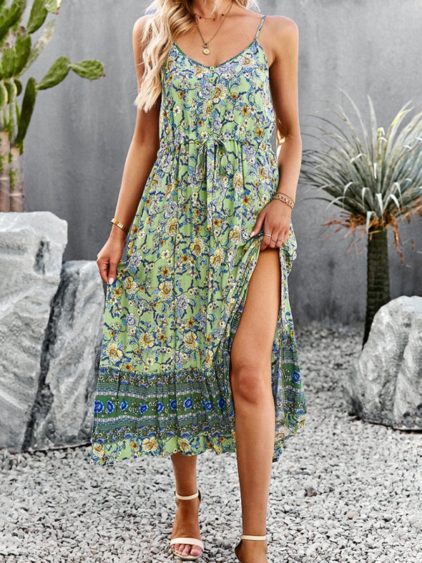Bohemian Floral Print V-Neck Button Midi Dress