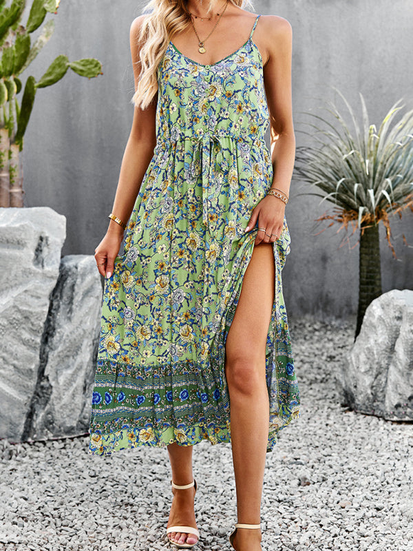 Bohemian Floral Print V-Neck Button Midi Dress