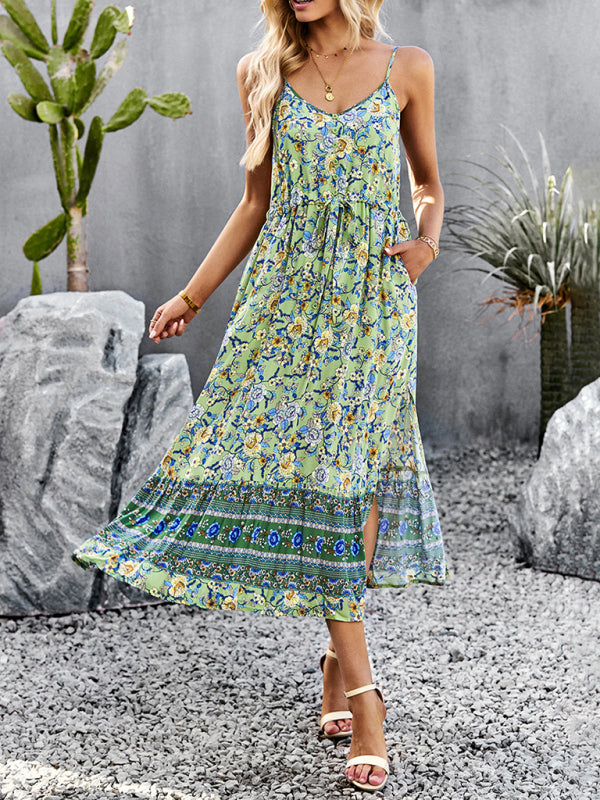 Bohemian Floral Print V-Neck Button Midi Dress