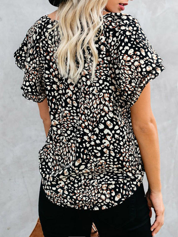 Boho Floral Printed V-Neck Flounce Sleeve Shirt