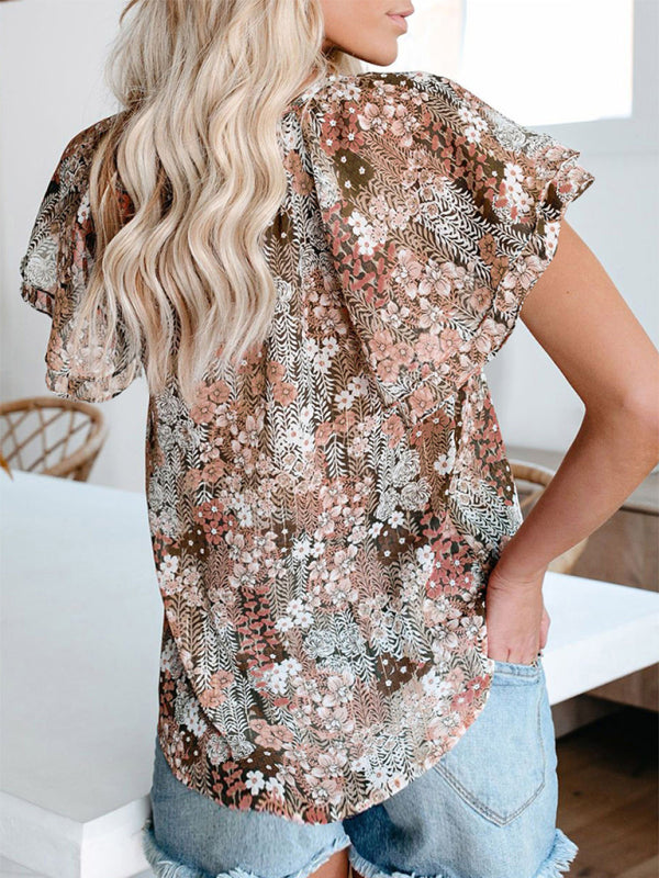 Boho Floral Printed V-Neck Flounce Sleeve Shirt