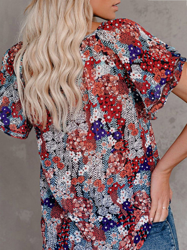 Boho Floral Printed V-Neck Flounce Sleeve Shirt