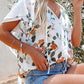 Boho Floral Printed V-Neck Flounce Sleeve Shirt