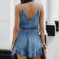 Denim Sleeveless V-Neck Ruffle Romper